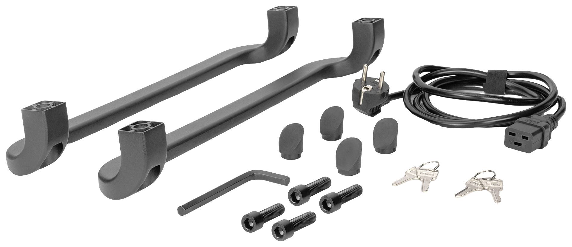 Ein Satz Autodachträger mit Zubehör: zwei Trägerstangen, ein Netzkabel, Schrauben, Inbusschlüssel, vier Schlösserkappen und zwei Schlüssel.