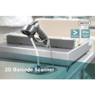'2D Barcode Scanner' auf einem Tisch in einem Lager oder Büro, dezentral platziert. Unterstützt 'Plug & Play' und 'IP54 Protection Class'.