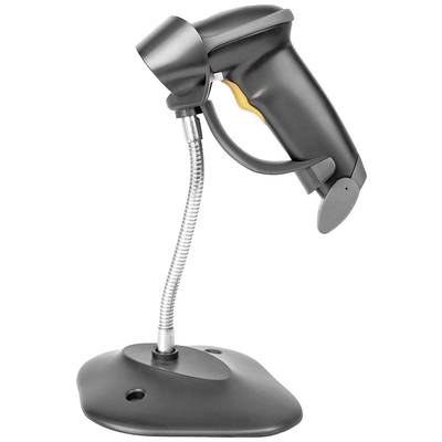 Ein schwarzer Handscanner mit gelbem Knopf, befestigt auf einem flexiblen Standfuß.