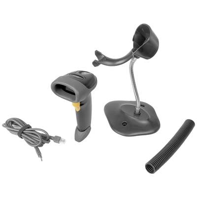Ein Barcodescanner mit Halterung und Kabel, bereit zur Installation. Der Scanner ist kabellos, schwarz und gelb, mit passendem Ständer.