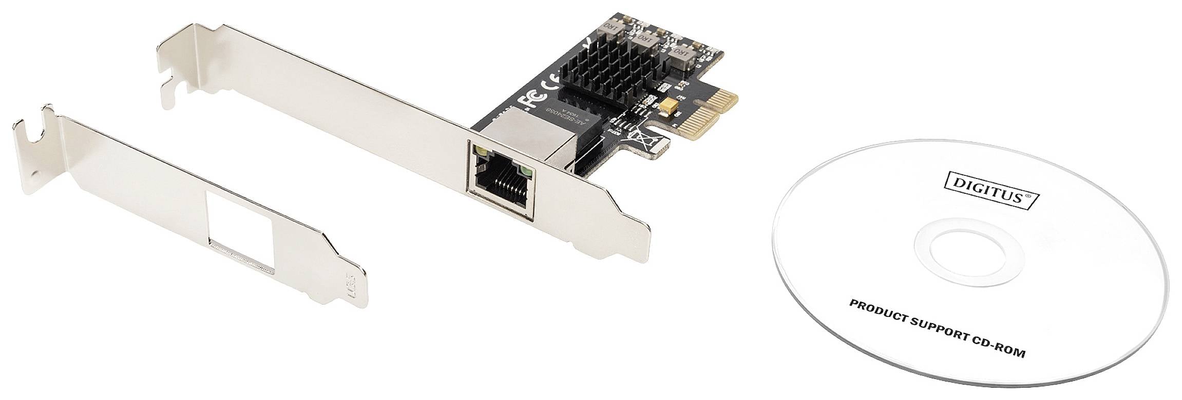 Eine PCIe-Netzwerkkarte mit Kühler und Ethernet-Port, daneben zwei Metallblenden und eine Treiber-CD mit der Aufschrift 'Digitus'.