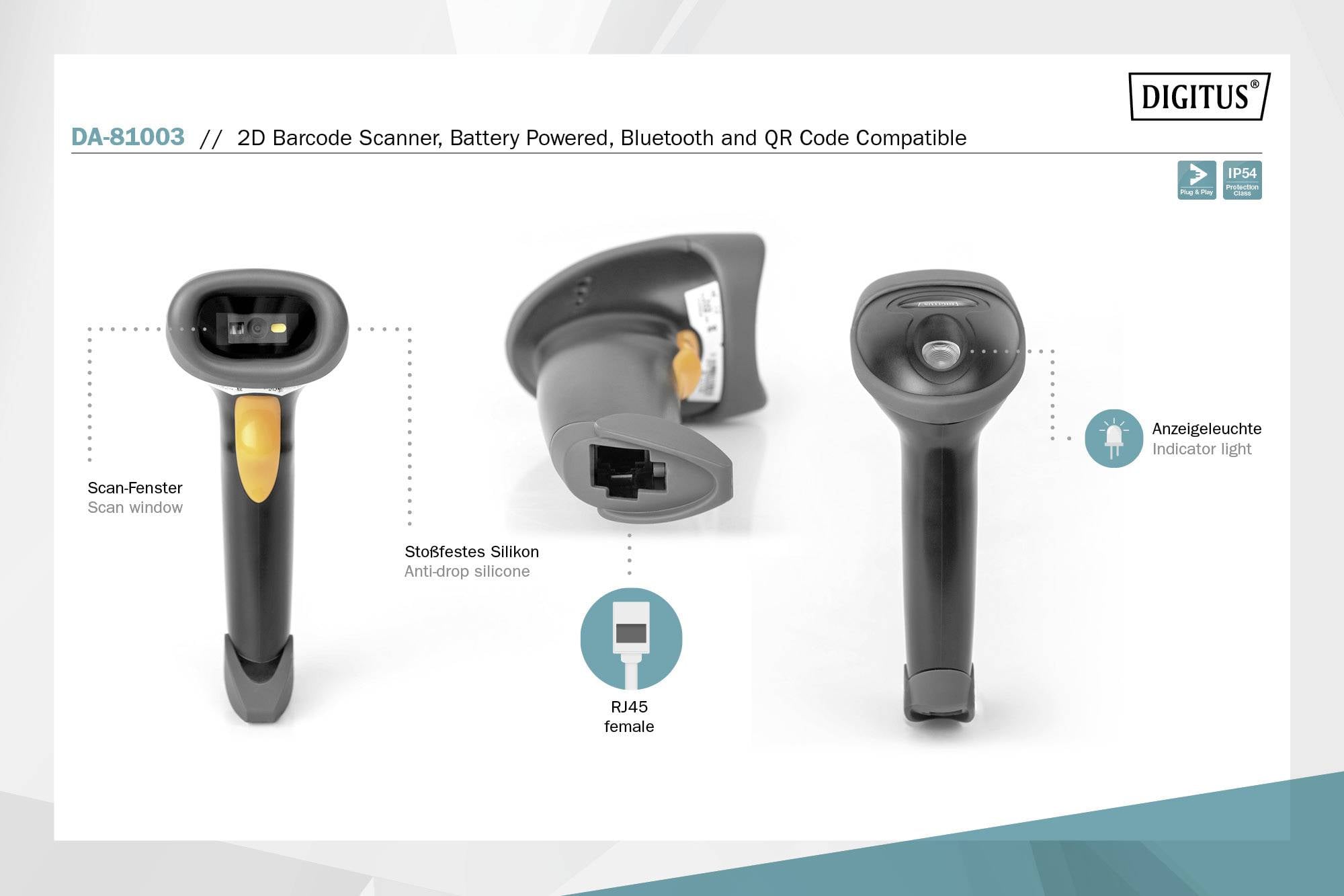 'DA-81003 2D Barcode Scanner' mit Bluetooth, Batteriebetrieb, QR-kompatibel. Zeigt Scan-Fenster, Anschluss und Antirutsch-Silikon.