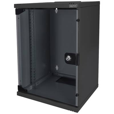 Schwarzer Wandschrank aus Metall mit Glastür, offen und leer, geeignet für elektronische Geräte oder Netzwerkkomponenten.
