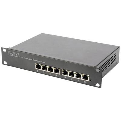 Ein schwarzer Netzwerk-Switch mit 8 Ethernet-Ports, nummeriert von 1 bis 8, für den Anschluss mehrerer Netzwerkgeräte.