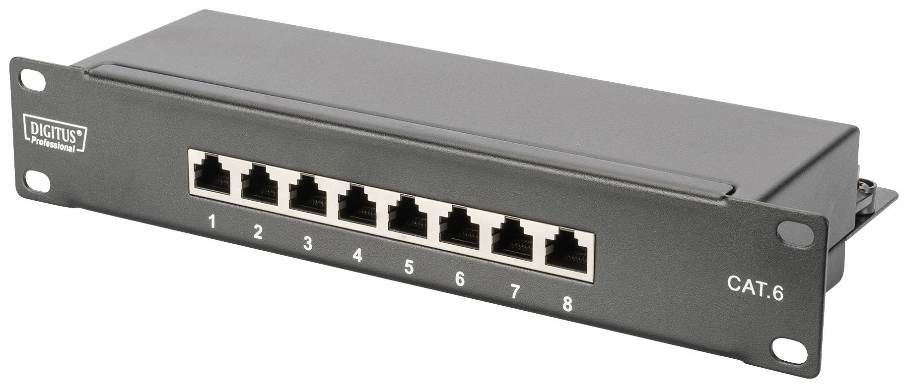 Ein schwarzes Netzwerk-Patchpanel mit acht nummerierten Ethernet-Ports, gekennzeichnet als 'CAT.6'.