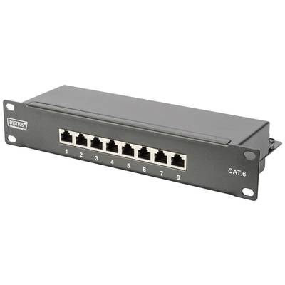 Ein schwarzes Netzwerk-Patchpanel mit acht nummerierten Ethernet-Ports, gekennzeichnet als 'CAT.6'.