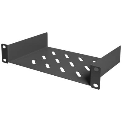 Schwarzes, perforiertes Regalbrett für Montage in einem Server-Rack, mit seitlichen Befestigungswinkeln zur Stabilisierung.