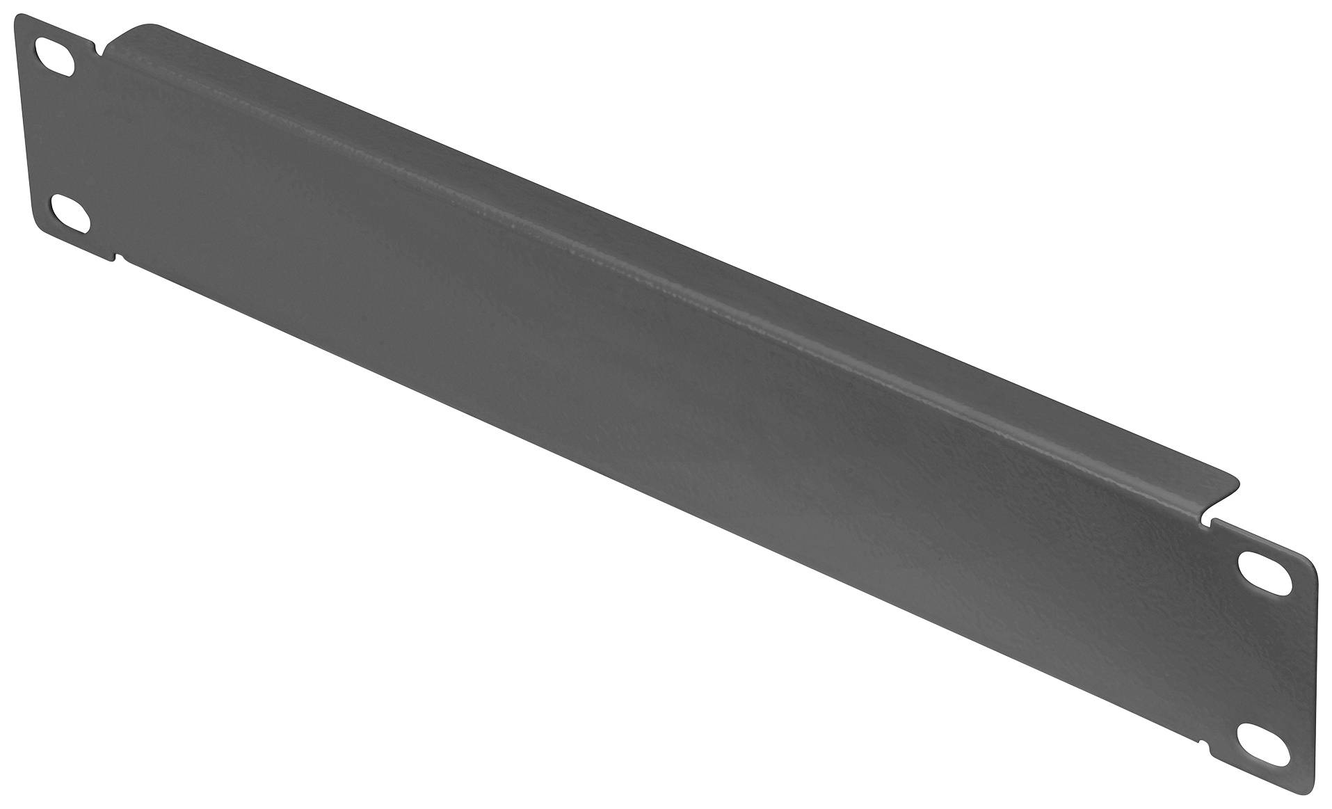 Ein graues Metall-Bauteil, wahrscheinlich eine Abdeckung oder eine Frontplatte, mit vier Befestigungslöchern an den Ecken.