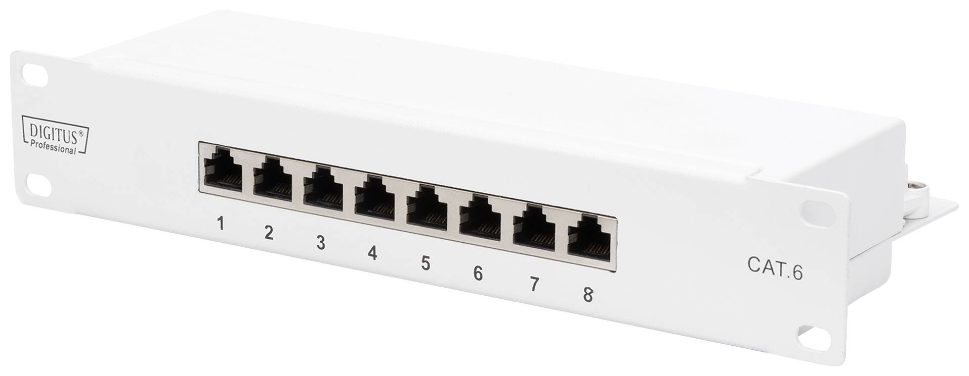 Ein weißes Netzwerk-Patchpanel mit acht Ethernet-Anschlüssen, nummeriert von 1 bis 8, für Kabelkategorie CAT.6.