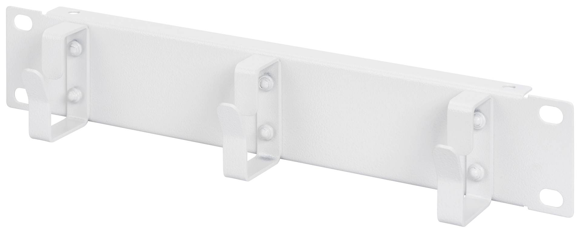 Weißes Montageblech mit vier Haken, geeignet zur Kabelorganisation an der Wand.