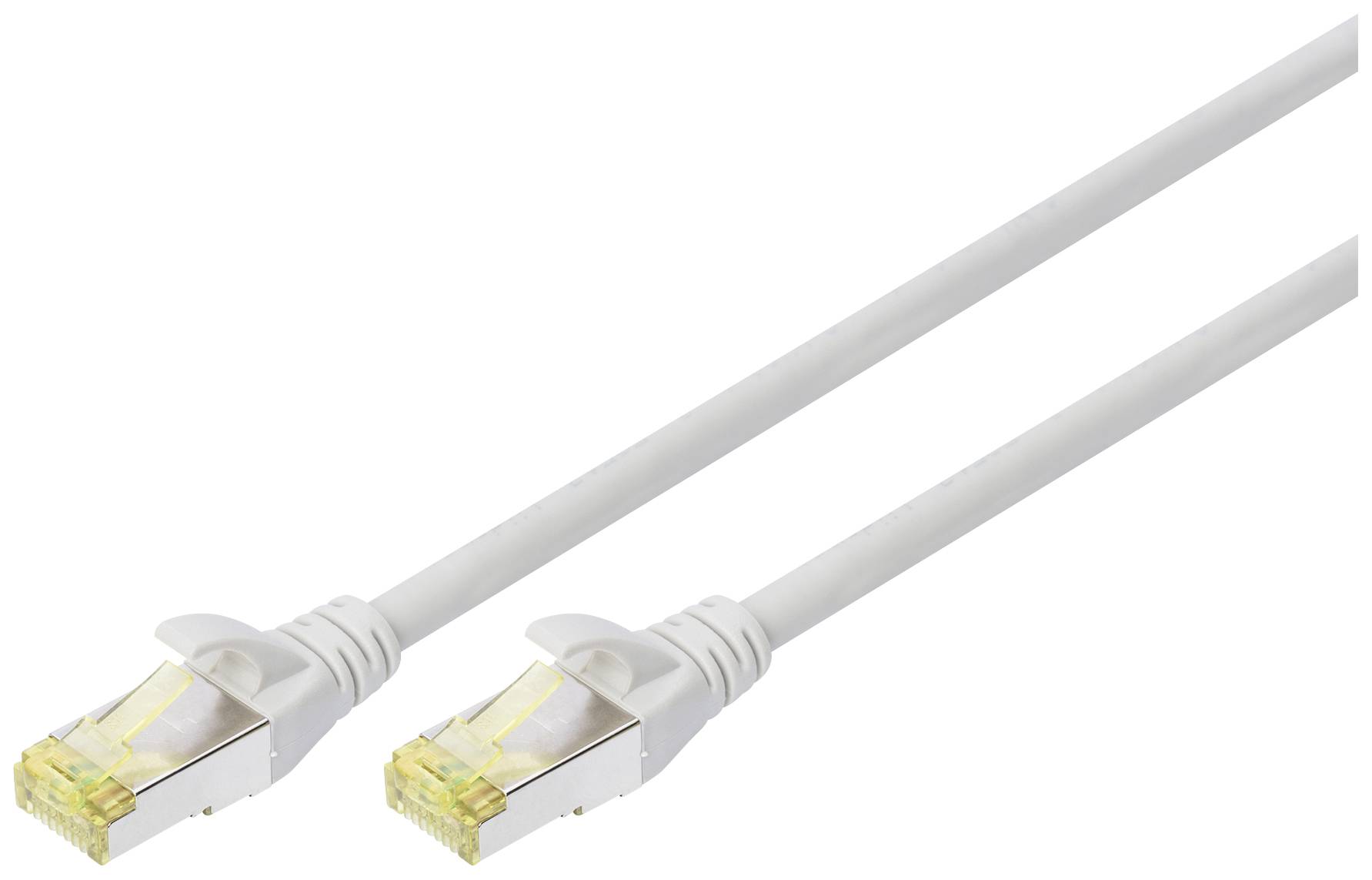 Ein weißes Ethernet-Kabel mit RJ45-Steckern an beiden Enden, verwendet zur Netzwerkverbindung in Computernetzwerken.