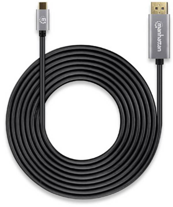 Manhattan DisplayPort / USB-C® Anschlusskabel DisplayPort Stecker, USB-C® Stecker 3.00 m Grau, Schwarz 354851 dreifach geschirmt, vergoldete Steckkontakte DisplayPort-Kabel