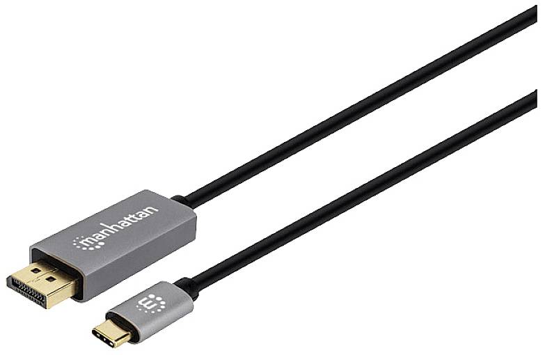 Das Bild zeigt ein HDMI- zu USB-C-Kabel von 'Manhattan', das zur Verbindung von Geräten mit unterschiedlichen Anschlüssen dient.