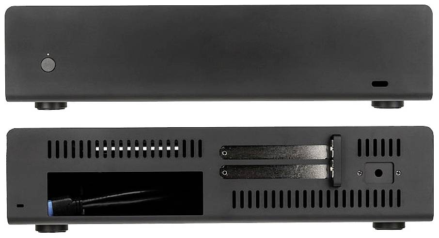 Schwarzes Elektronikgehäuse, Vorder- und Rückansicht. Vorderseite hat einen Knopf, Rückseite Ventilationsöffnungen und Anschlüsse.