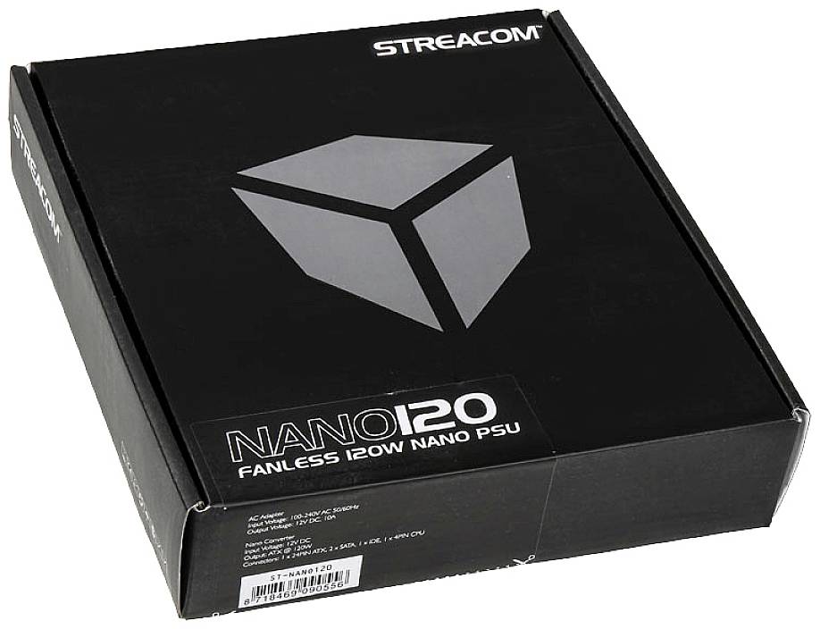 Eine schwarze Box mit der Aufschrift 'Streacom Nano 120, Fanless 120W Nano PSU'. Stilisiertes Würfelsymbol auf dem Deckel.