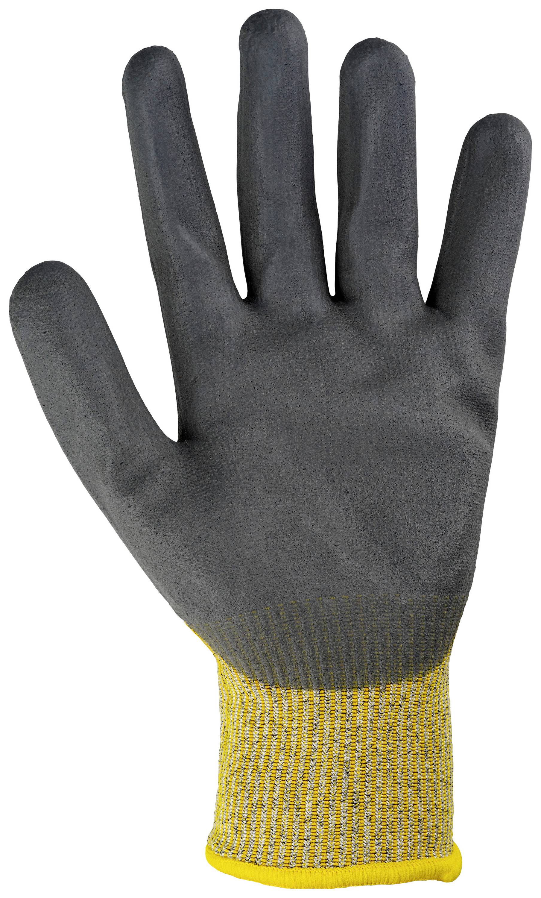 Schutzhandschuh aus grauem Material mit gelbem Bündchen, geeignet für Bauarbeiten oder mechanische Tätigkeiten.