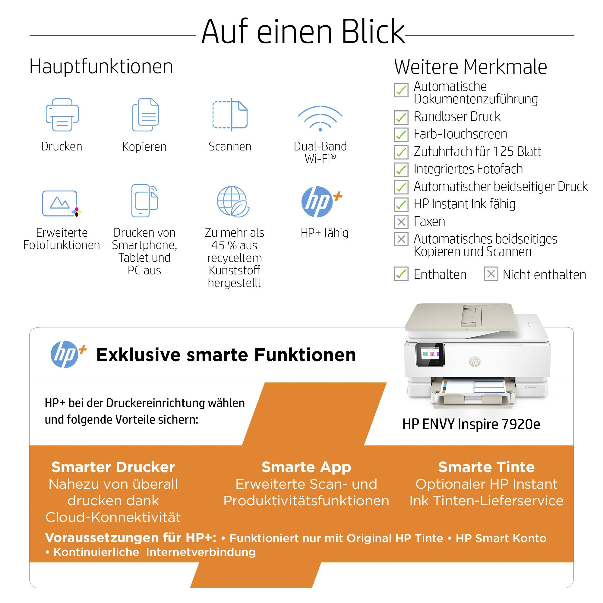 'Hauptfunktionen: Drucken, Kopieren, Scannen; Drahtlose Verbindung. Weitere Merkmale: Automatisches beidseitiges Drucken, Farb-Touchscreen. Gezeigter Drucker: HP ENVY Inspire 7920e.'