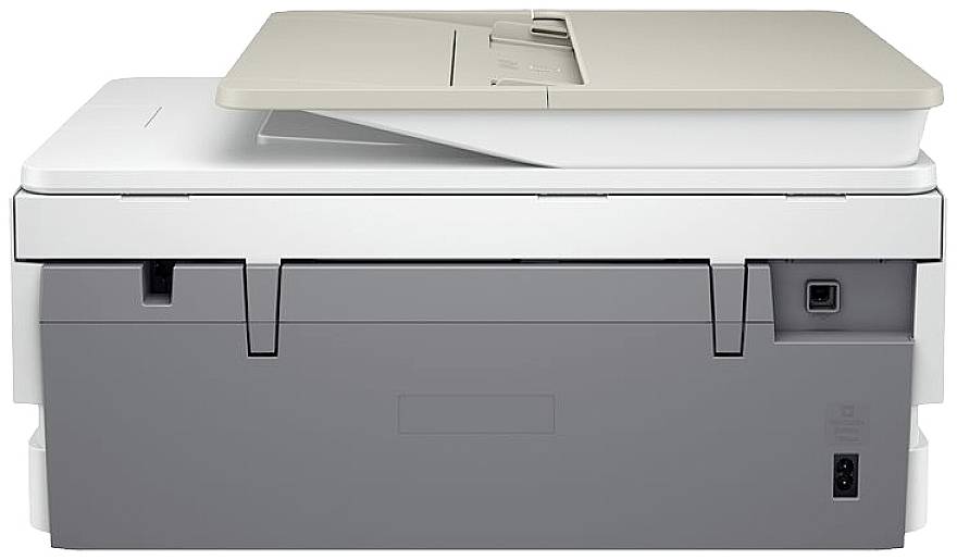 Ein grauer und weißer Drucker mit Scanner-Funktion, seitliche Ansicht. Der Scanner-Deckel ist geöffnet. Kein sichtbares Markenlogo.