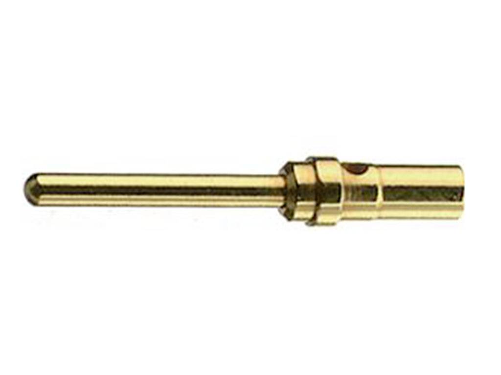 'Metallstift mit zylindrischem Schaft und abgerundeter Spitze, goldfarbenen Finish. Wird oft in elektrischen Stecksystemen verwendet.'