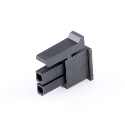 Ein schwarzer zweipoliger Stecker mit zwei quadratischen Anschlüssen, die von einer erhabenen Lasche bedeckt sind.