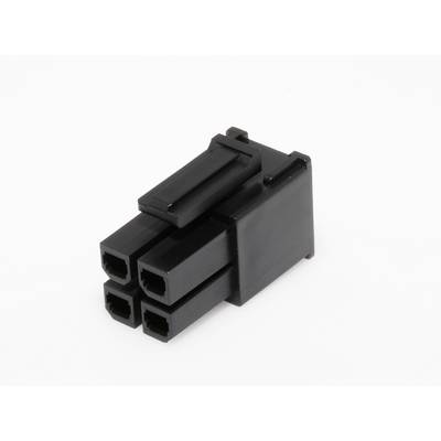 Ein schwarzer, vierpoliger elektrischer Stecker vor einem weißen Hintergrund. Der Stecker ist in einer trapezförmigen Anordnung.