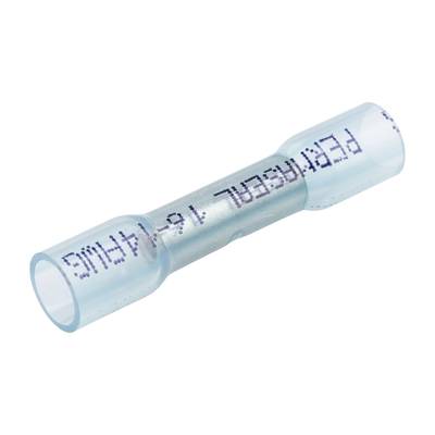 Blauer, durchsichtiger Kabelverbinder mit metallischem Innenteil. Aufdruck zeigt technische Spezifikationen.