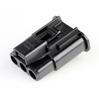 Ein schwarzer dreipoliger Steckverbinder mit rechteckiger Form und Verschlussmechanismus, verwendet für elektrische Verbindungen.
