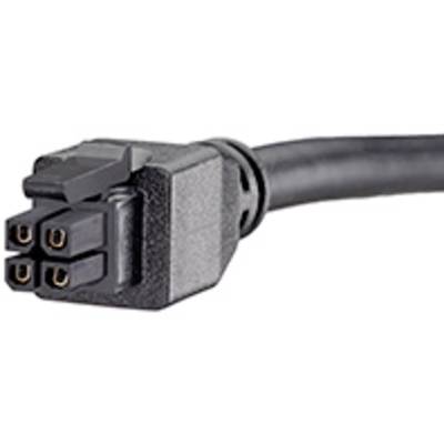 Ein schwarzer Stecker mit vier quadratischen Kontakten, angeschlossen an ein schwarzes Kabel. Geeignet für spezielle elektronische Anwendungen.