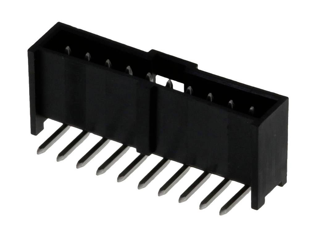 Ein schwarzer, rechteckiger Steckverbinder mit zwei Reihen von Metallstiften, geeignet für elektronische Schaltungsanwendungen.