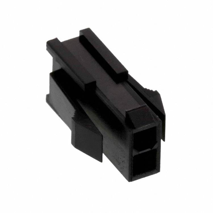 Ein schwarzer Kunststoff-Elektrostecker mit zwei Öffnungen, der zum Verbinden von Drähten oder Kabeln in elektronischen Geräten verwendet wird.