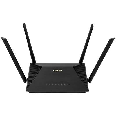 Ein schwarzer, kabelloser Router mit vier Antennen. Das Asus-Logo ist auf der Vorderseite sichtbar.