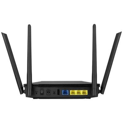Ein schwarzer WLAN-Router mit vier Antennen, zwei gelben LAN-Ports, einem blauen WAN-Port und einem Stromanschluss auf der Rückseite.