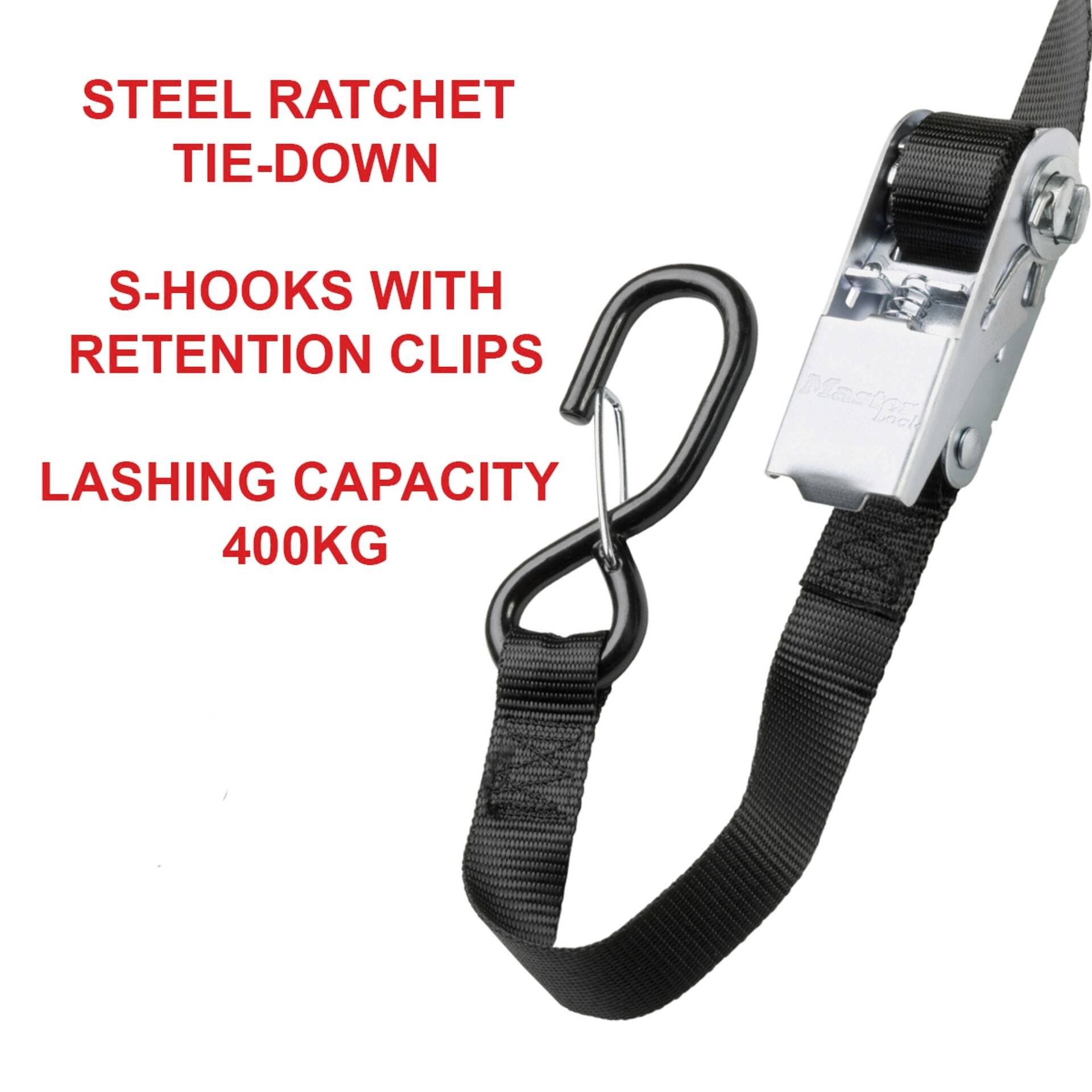 Ein Stahlratsche mit Haken und Rückhalteclips, Zugkraft 400 kg, dargestellt mit einem schwarzen Gurtband und Text daneben.