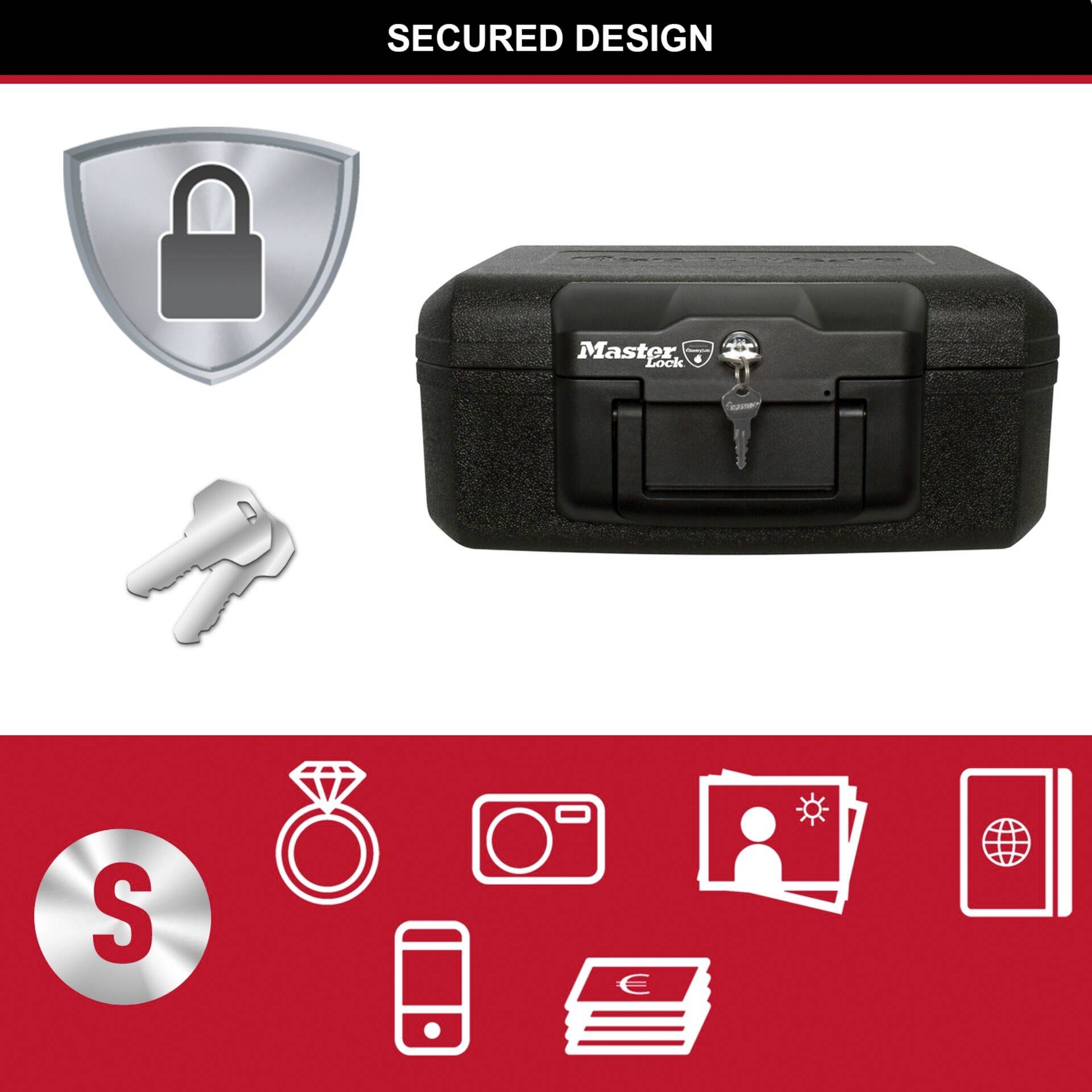 Eine schwarze Sicherheitsbox mit Schlüssel und Schloss, umrahmt von Symbolen für Schmuck, Telefon, Bargeld und Dokumente, zeigt Sicherheit und Schutz.