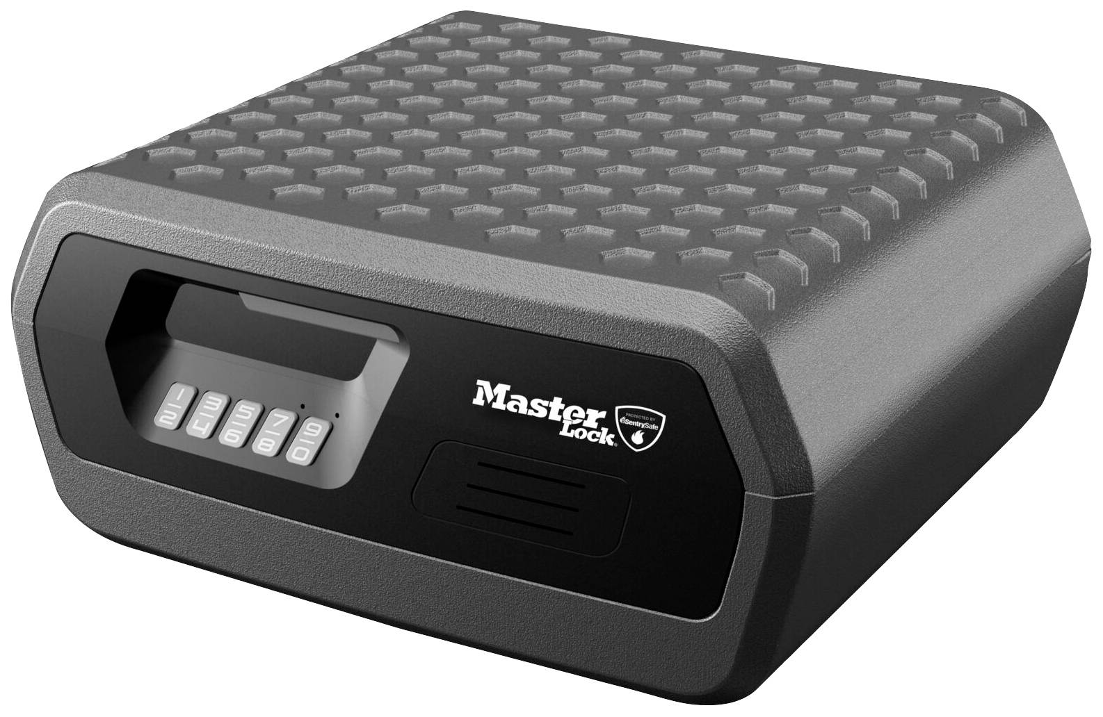 Ein schwarzer elektronischer Safe mit einer Zahlenkombinationstastatur auf der Vorderseite. Das Logo 'Master Lock' ist sichtbar.