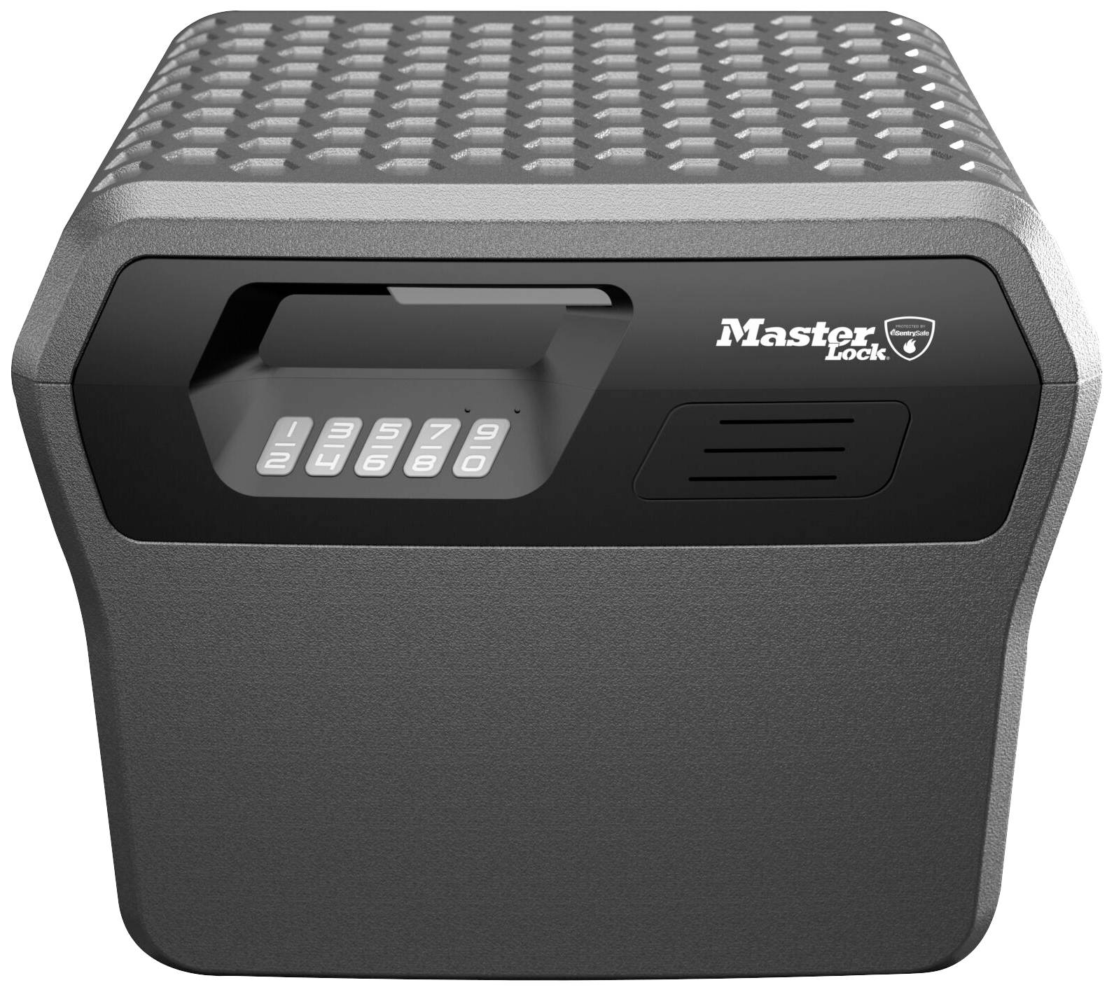 Ein grauer, würfelförmiger Tresor mit einem elektronischen Zahlenschloss auf der Vorderseite, Marke 'Master Lock'.