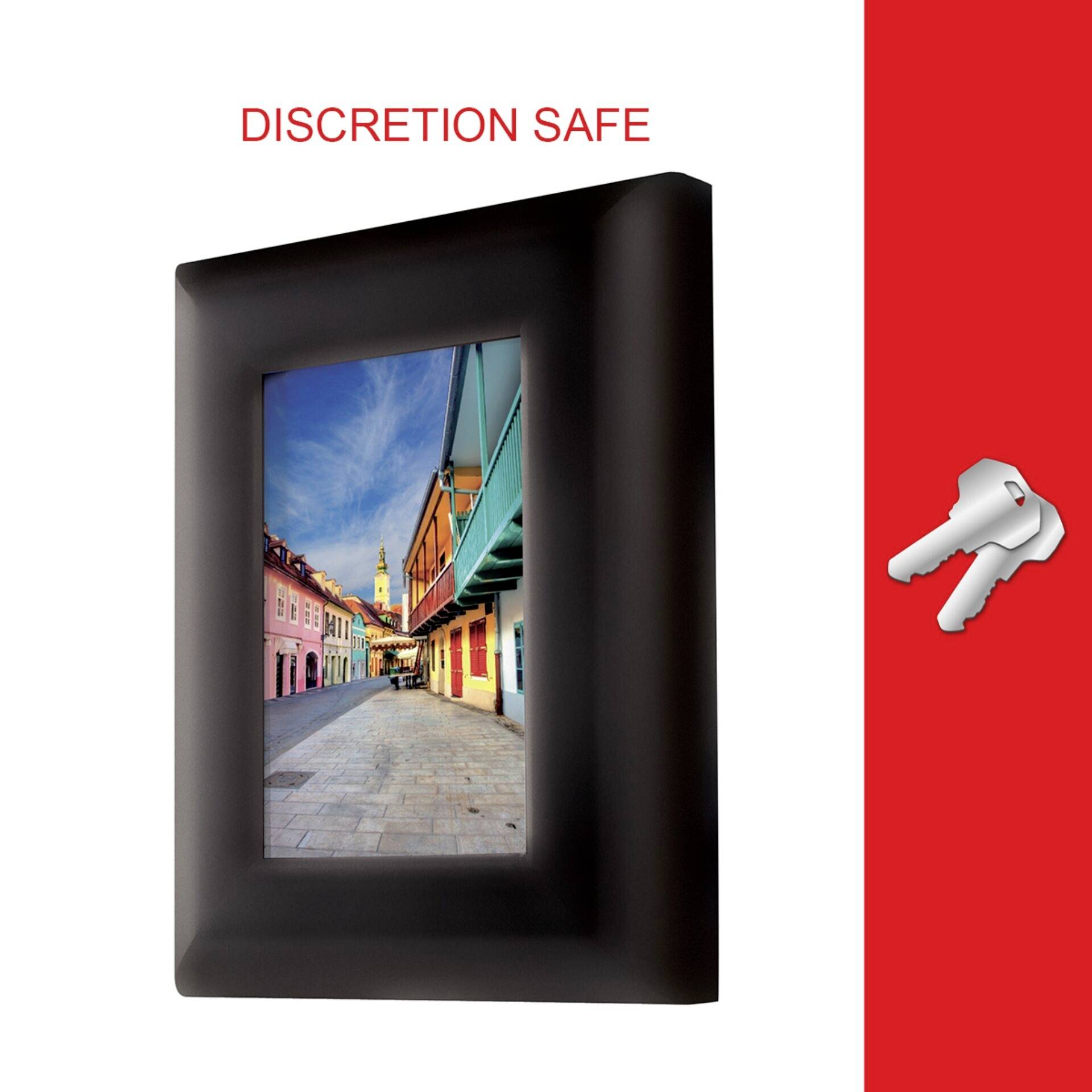 Schwarz gerahmter Wandtresor in Form eines Bilderrahmens mit einem Bild von bunten Gebäuden. Rechts im Bild ist ein Schlüsselsymbol.