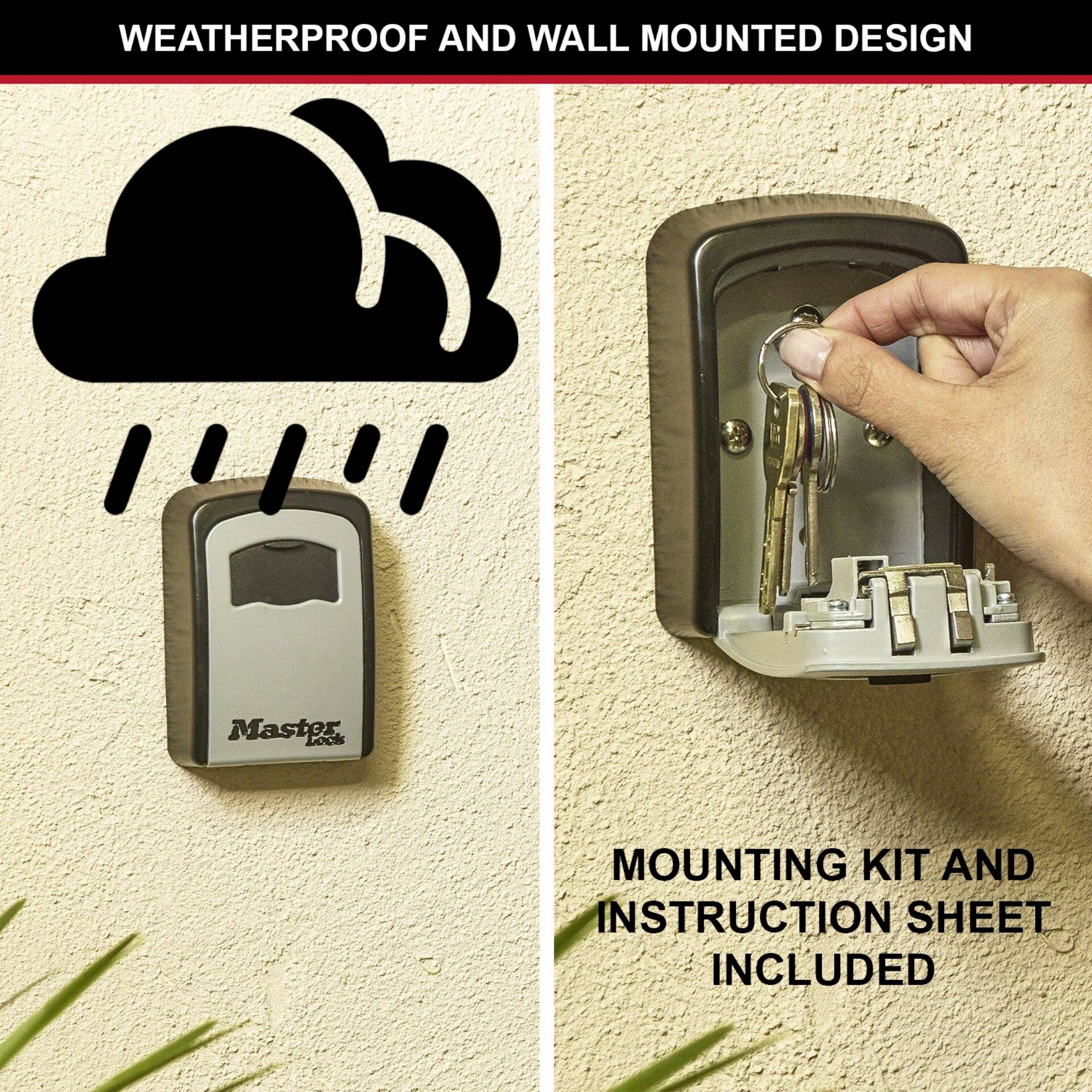 Eine Hand hebt den Deckel eines wetterfesten an der Wand montierten Schlüsseltresors an. 'Montagekit und Anleitung enthalten'.