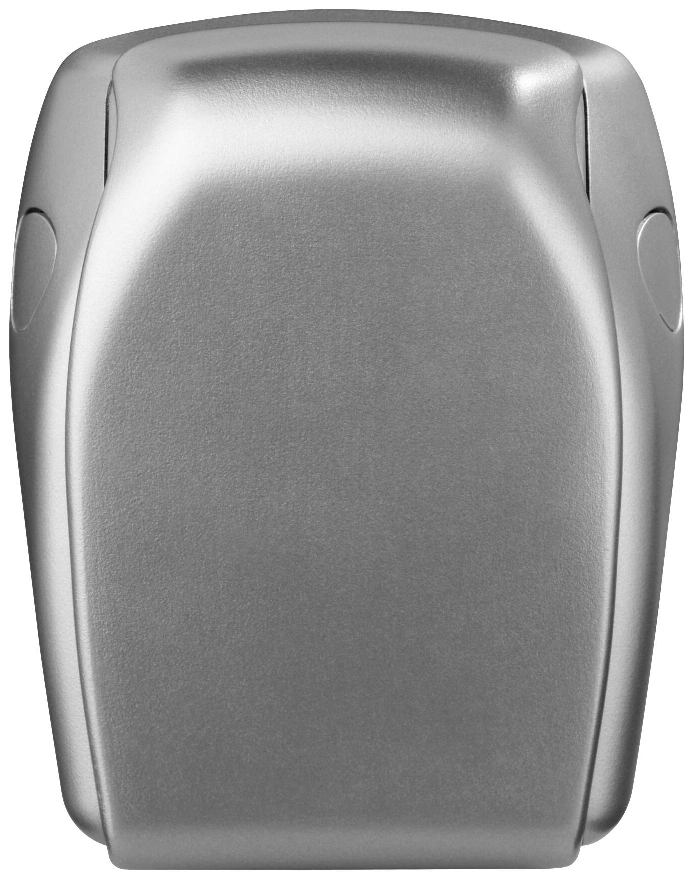 Ein geschlossenes silbernes Handy im Klappdesign mit abgerundeten Ecken, das in der Mitte des Bildes zu sehen ist.