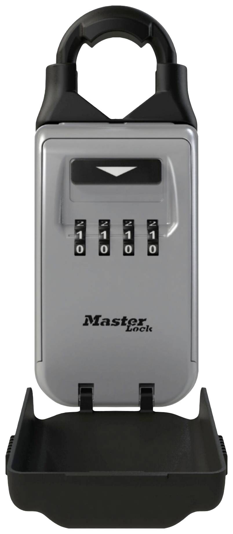 Silbernes Zahlenschloss mit schwarzem Henkel und vierstelliger Kombination. Marke 'Master Lock'. Offenes Fach unten.