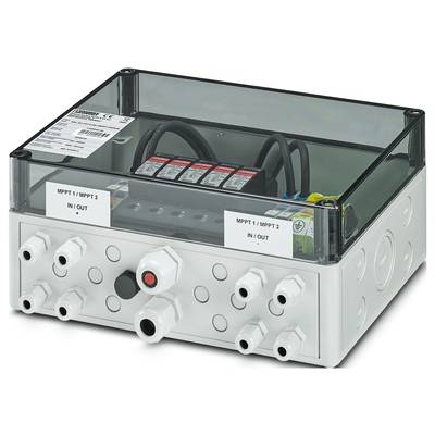 Solar-Verteilerkasten mit mehreren Kabelanschlüssen und gekennzeichneten Eingängen 'MPPT 1 / MPPT 2 IN / OUT'. Transparentes Gehäuse zeigt interne Verkabelung und Schaltkreise.