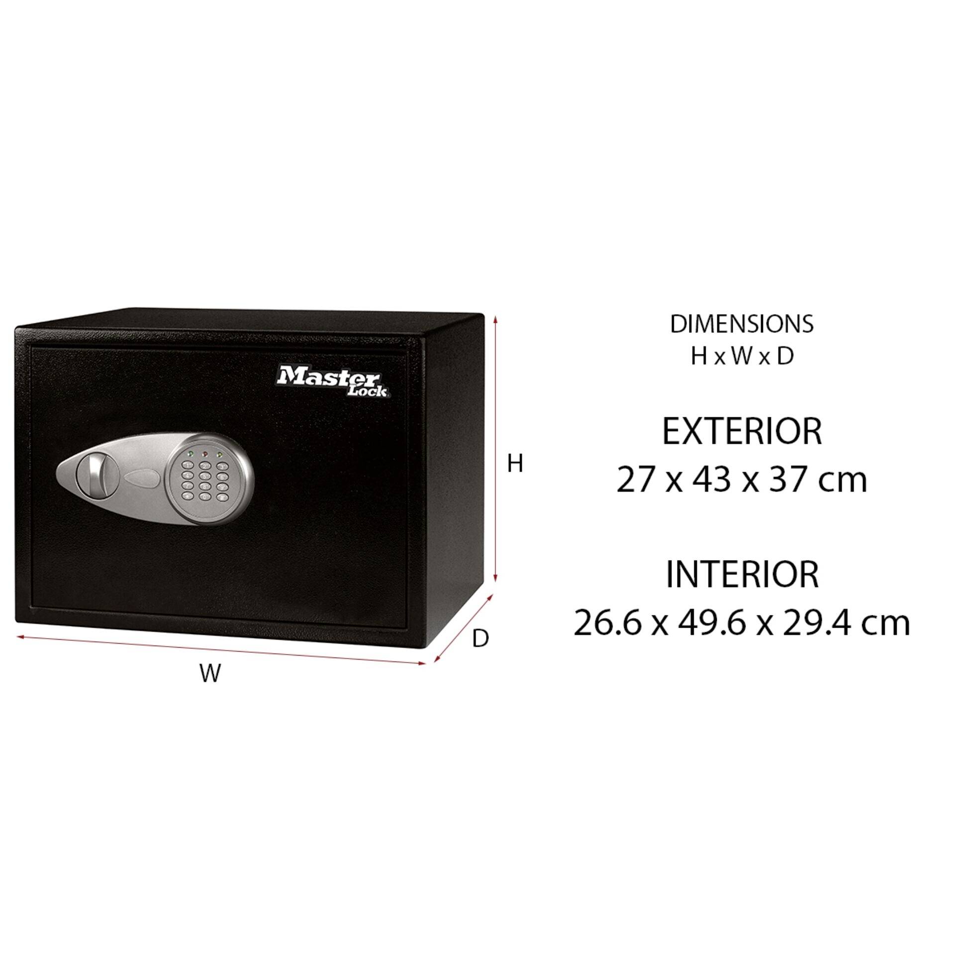 Schwarzer Tresor mit elektronischem Zahlenschloss. Außenmaße: 27 x 43 x 37 cm, Innenmaße: 26,6 x 49,6 x 29,4 cm.