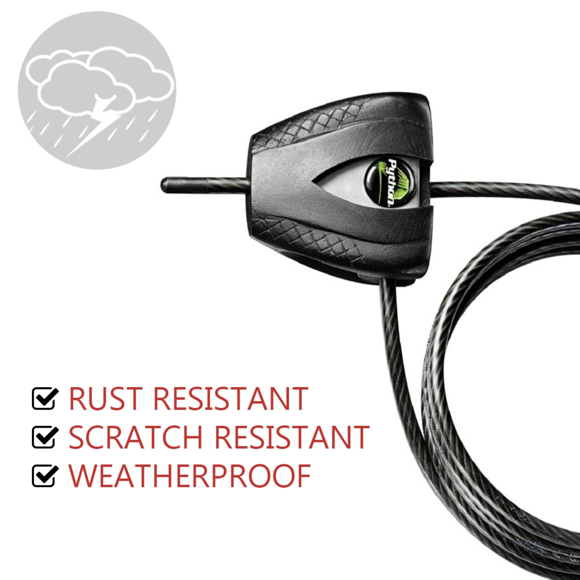 Hochsicherheits-Fahrradschloss mit wetterfestem Kabel, zeigt Symbole für Rostbeständigkeit, Kratzfestigkeit, wetterfest.