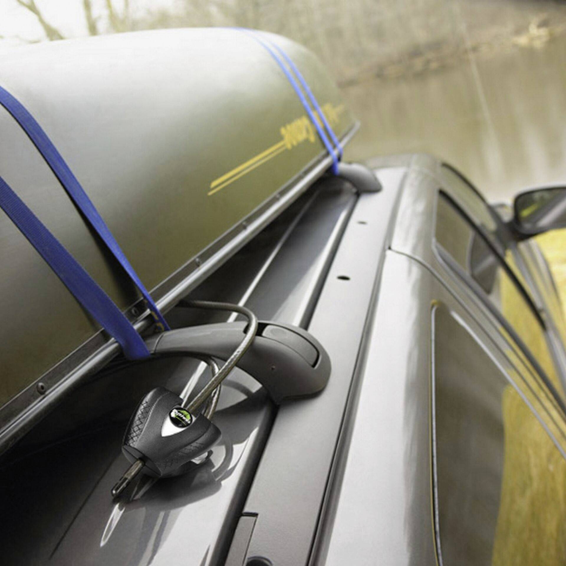 Dach eines Autos mit befestigter Dachbox, gesichert mit blauen Gurten. Im Hintergrund ein Fluss und unscharfe Bäume.