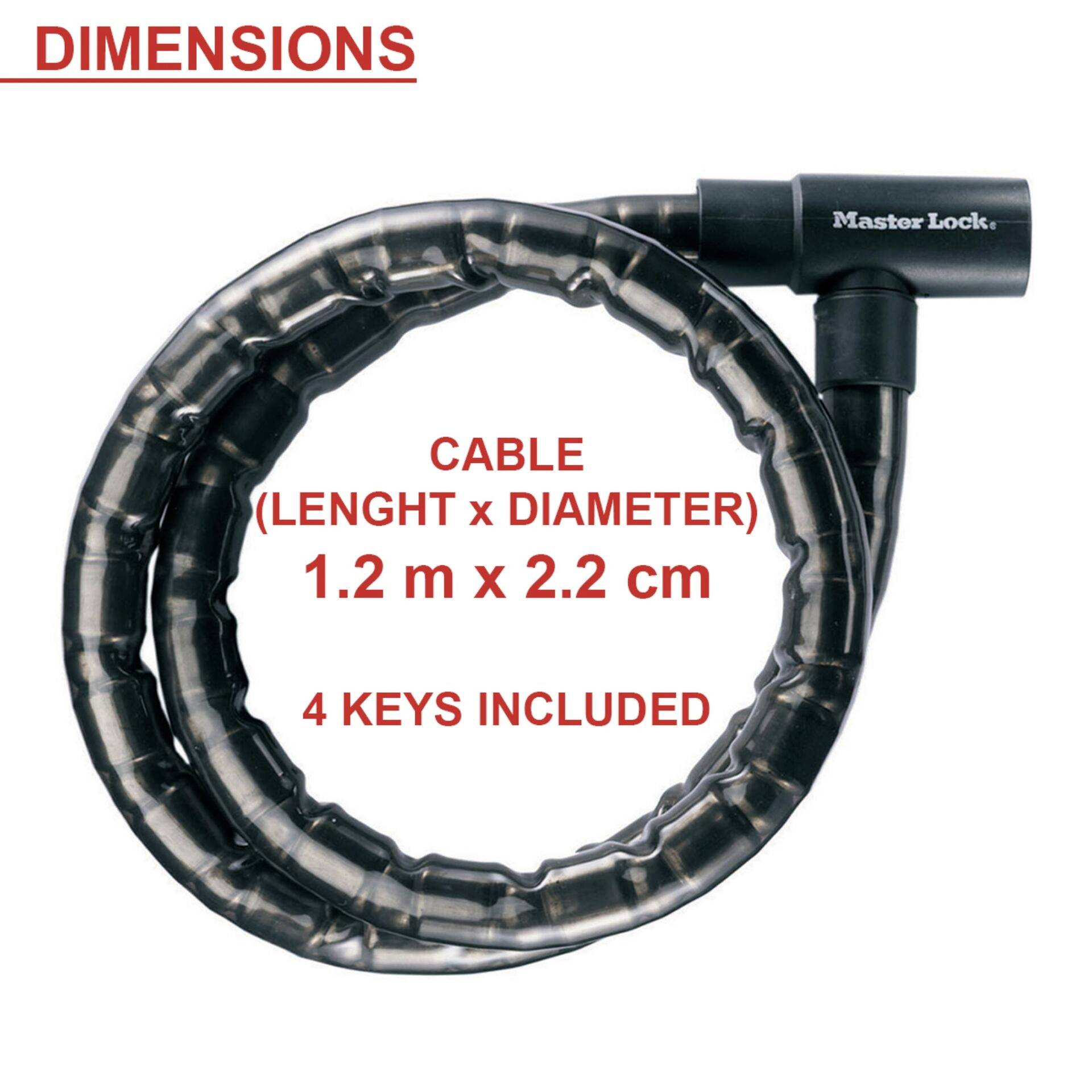 Schwarzes Sicherheitskabelschloss von Master Lock. Text im Bild: 'DIMENSIONS', 'CABLE (LENGHT x DIAMETER) 1.2 m x 2.2 cm', '4 KEYS INCLUDED'.
