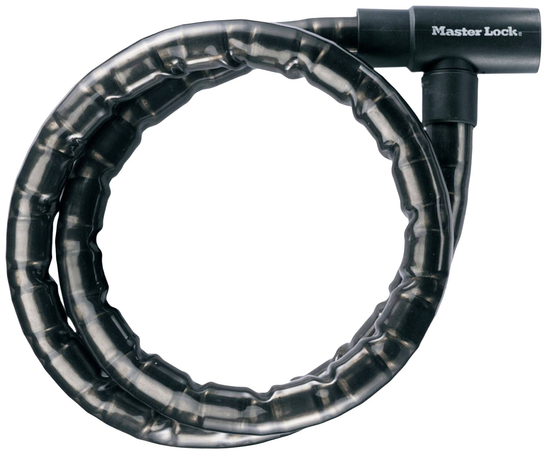 Ein schwarzes, spiralförmiges Fahrradschloss mit der Aufschrift 'Master Lock' auf dem Schlosskörper.