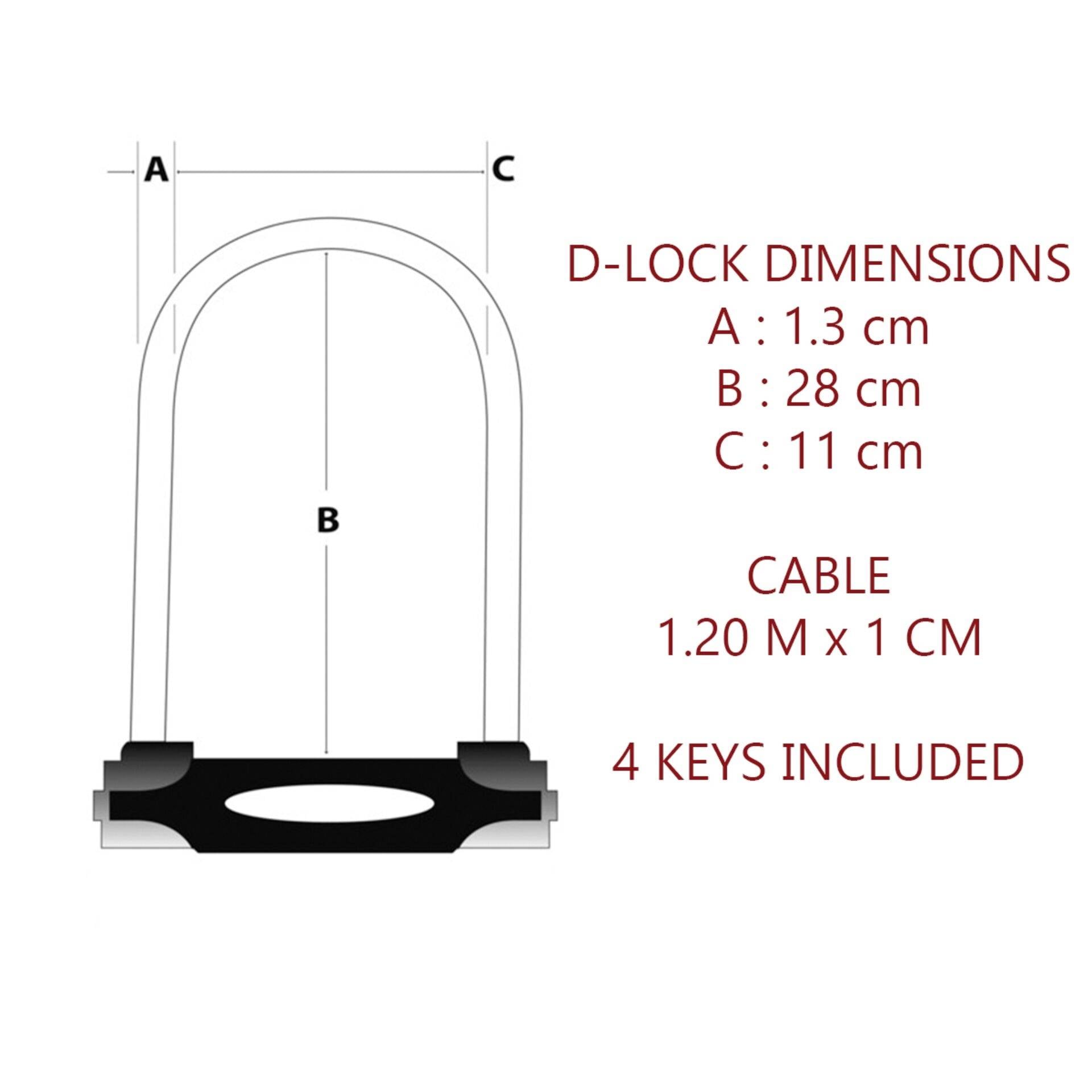 'Abbildung eines D-Locks mit den Maßen: A - 1,3 cm, B - 28 cm, C - 11 cm. Kabel: 1,20 m x 1 cm. Inklusive 4 Schlüssel.'