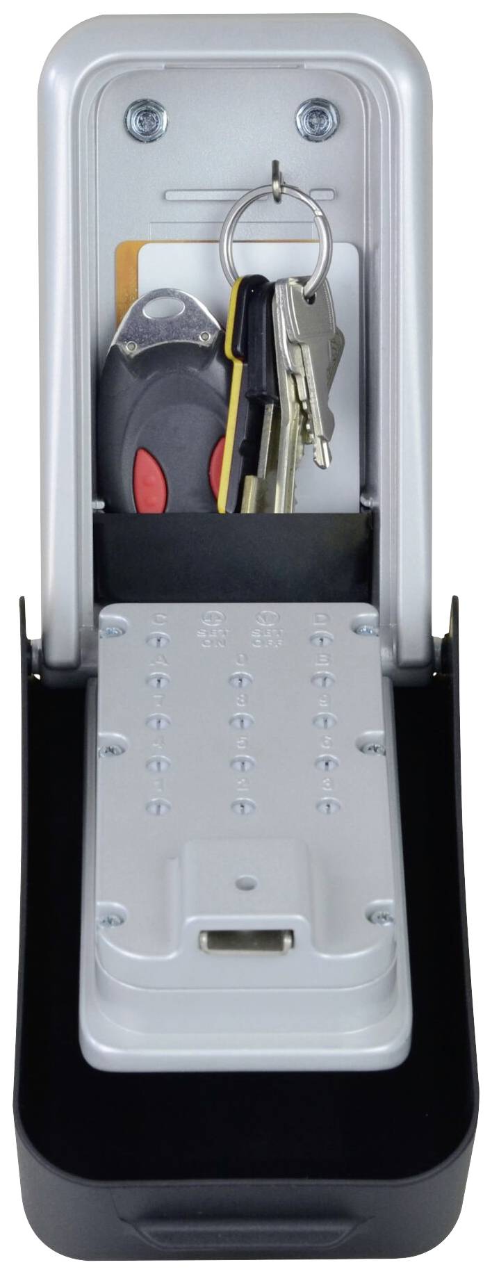 Metallener Schlüsselkasten mit geöffnetem Deckel, darin mehrere Schlüssel und ein Autoschlüssel.