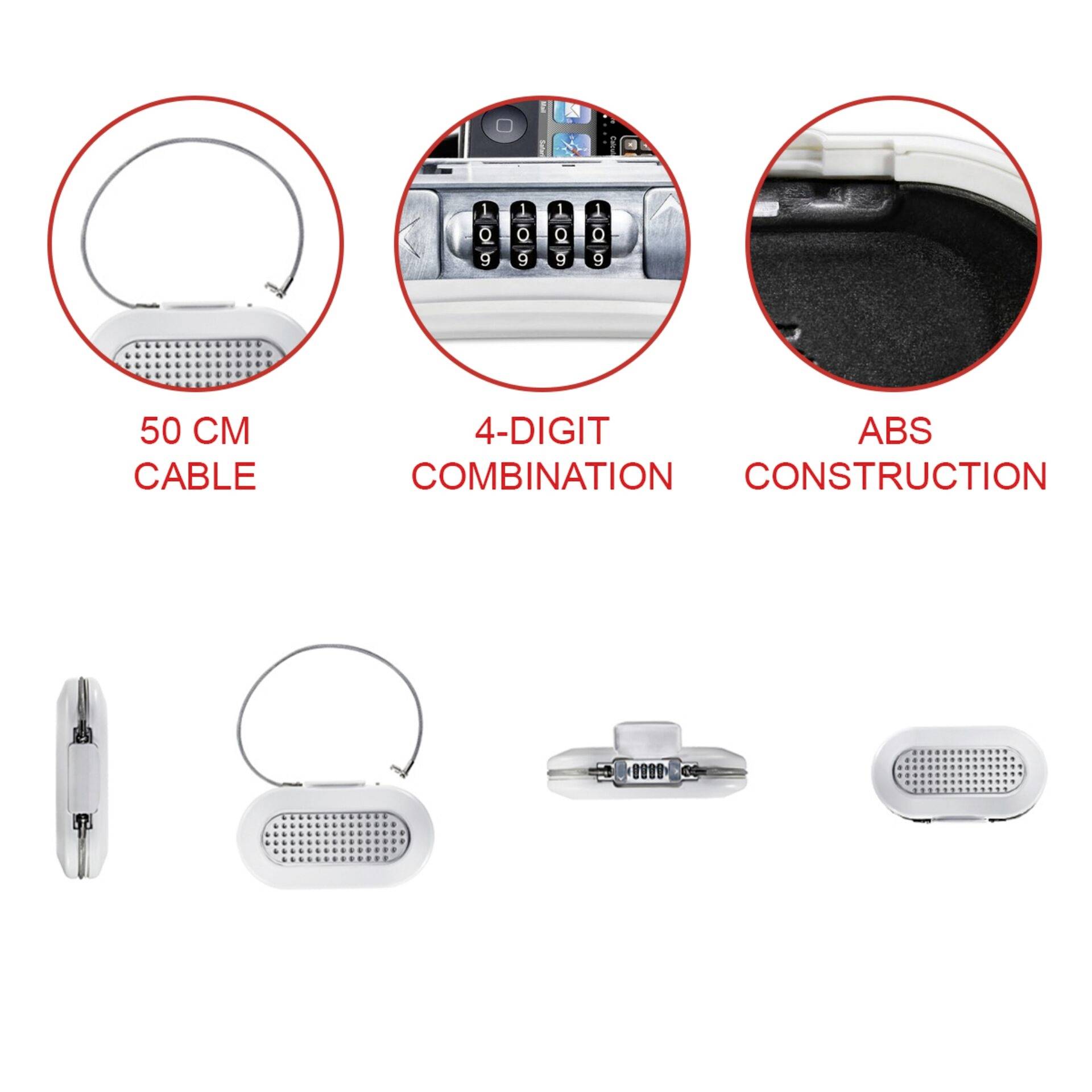 Bild eines Kabelschlosses mit 50 cm Kabel, 4-stelliger Zahlenkombination und ABS-Konstruktion. Zeigt Vorder-, Seiten- und Rückansicht.