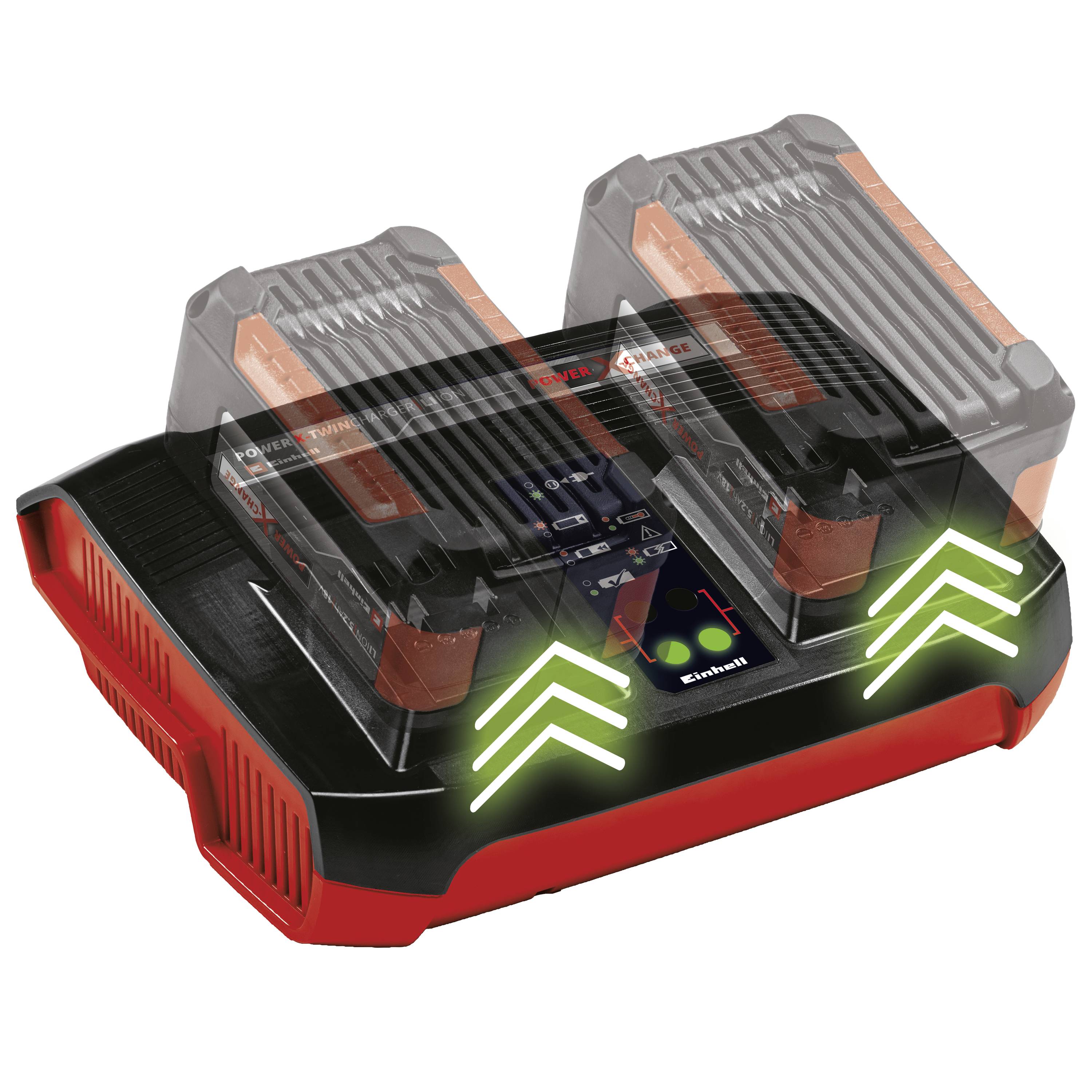 Ein rotes, zweiseitiges Ladegerät von Einhell mit leuchtenden grünen Pfeilen und zwei aufgesetzten Batterien, die angezeigt werden.